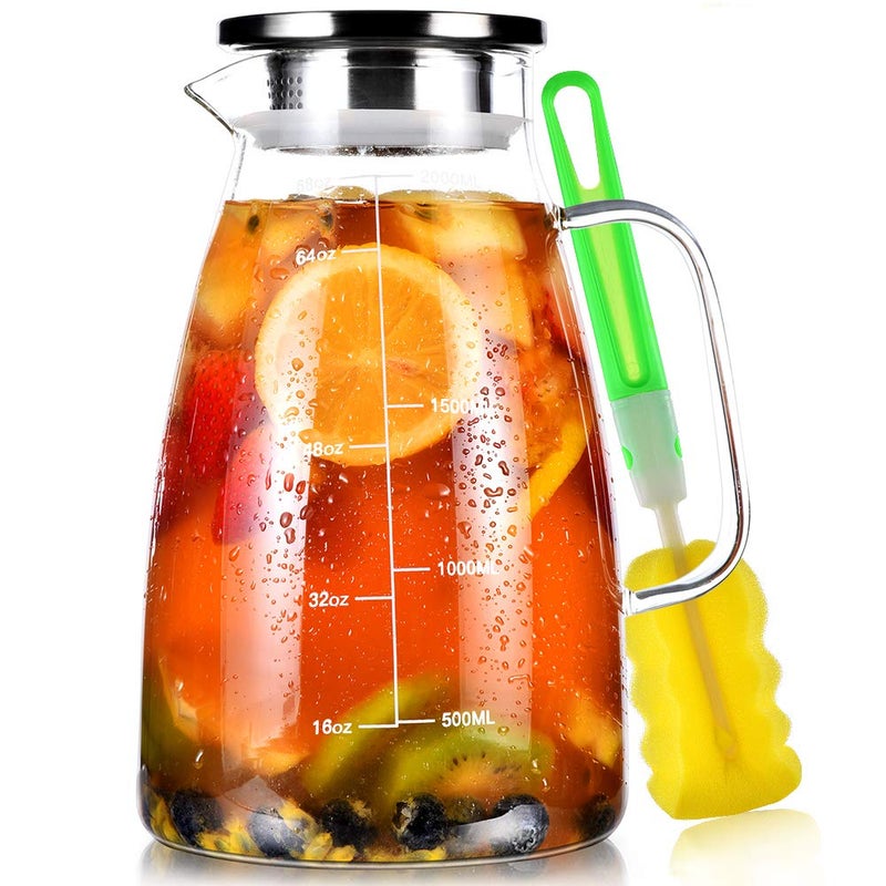 Aofmee Glass Pitcher, 68oz Water Pitcher with Lid and Precise Scale Line, 18/8 Stainless Steel Iced Tea Carafe, Easy Clean Heat Resistant Borosilicate Jug for Juice, Milk, Cold or Hot Beverages - Image 1